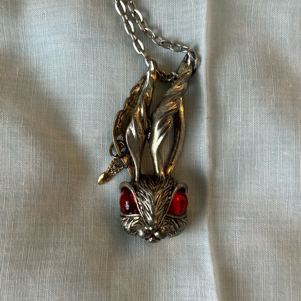 Steampunk Silver Rabbit Pendant Necklace with Red Accents